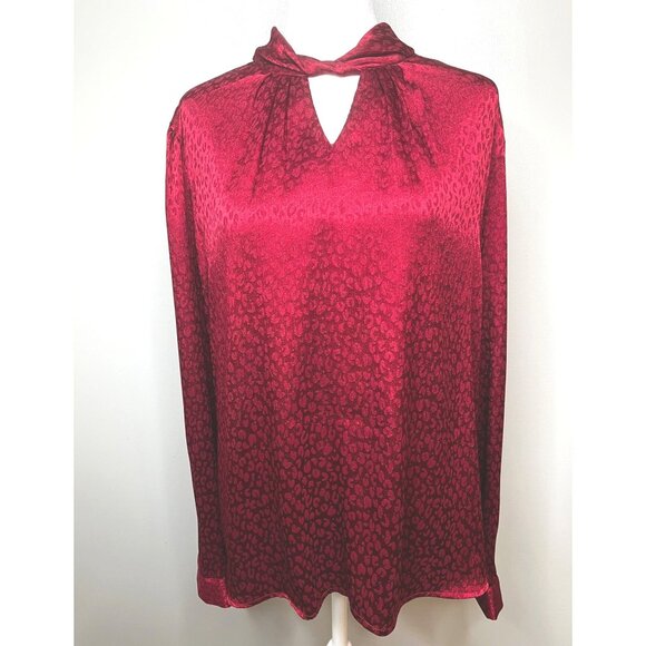 Roz & Ali Womens Red Leopard Print Long Sleeve Blouse Size Large - Picture 4 of 14
